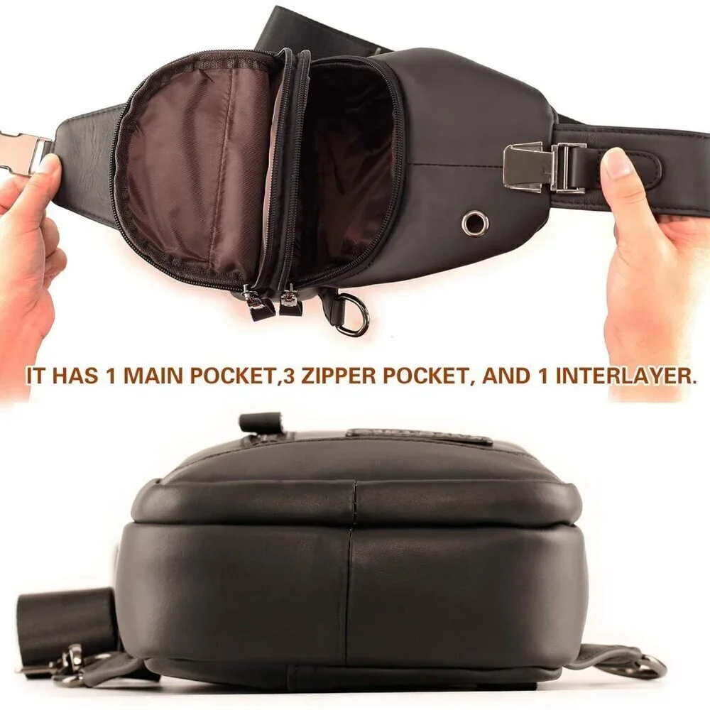 💫 Men Black Crossbody Bag Leather Sling Travel Chest Outdoor Sports Backpack